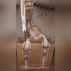 Steve Madden Tan Structured Satchel with Logo Shoulder Strap and Pouch